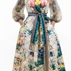 Floral Puff-Sleeve Maxi Dress in Cream with Multicolor Print and Waist Sash